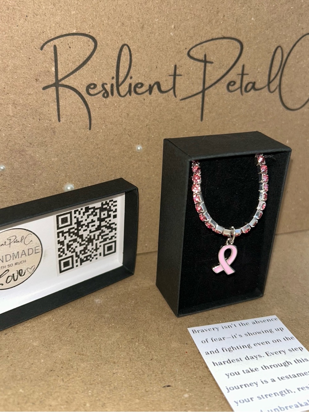 ResilientPetalCo Pink Ribbon Tennis Bracelet - Breast Cancer Awareness w/quote